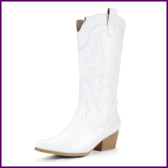 Women's Mid Calf Cowboy Boots Chunky Heel Pointed Toe Embroidered Western